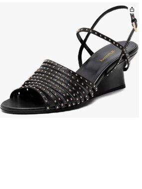 Wansseny Black Studded Strappy Open Toe Ankle Strap Buckle Wedge Heels Sandals